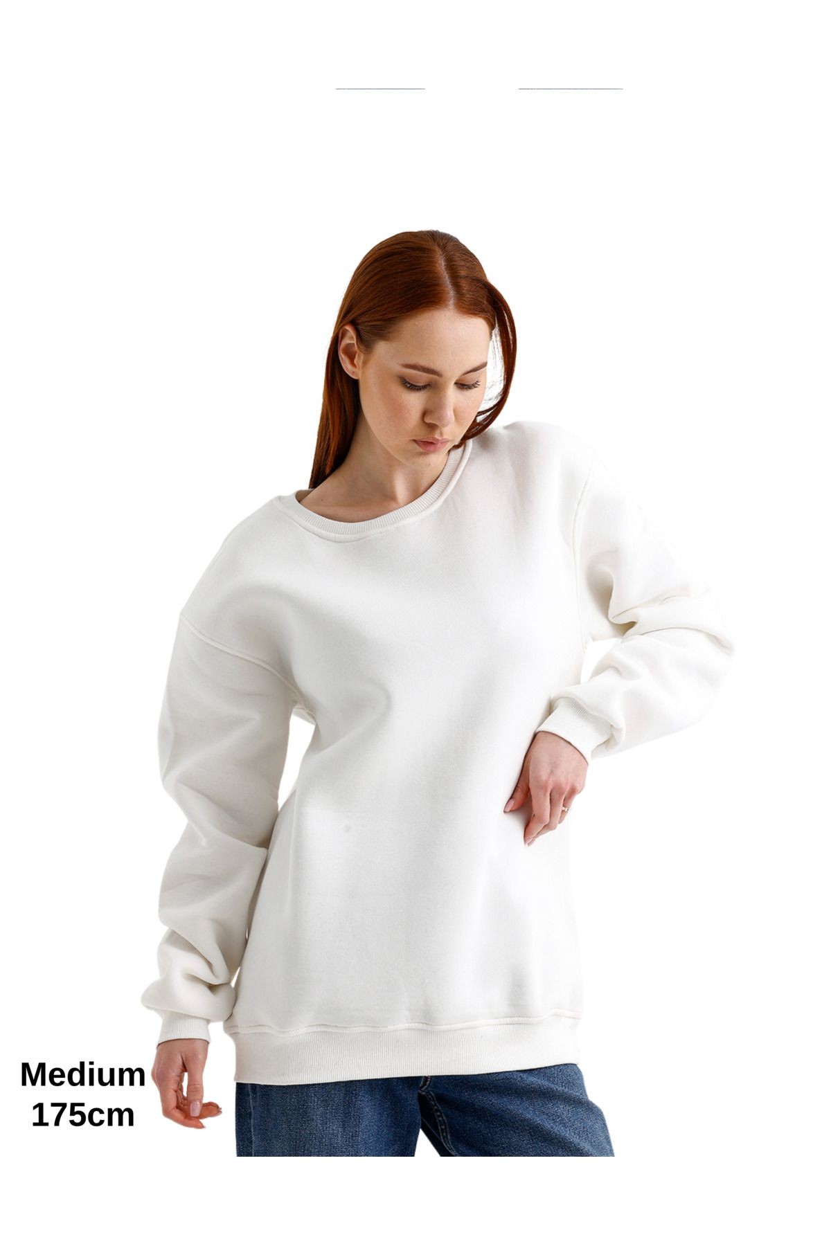 Oversize 3 Iplik Şardonlu Sweatshirt Düz Kadın Beyaz