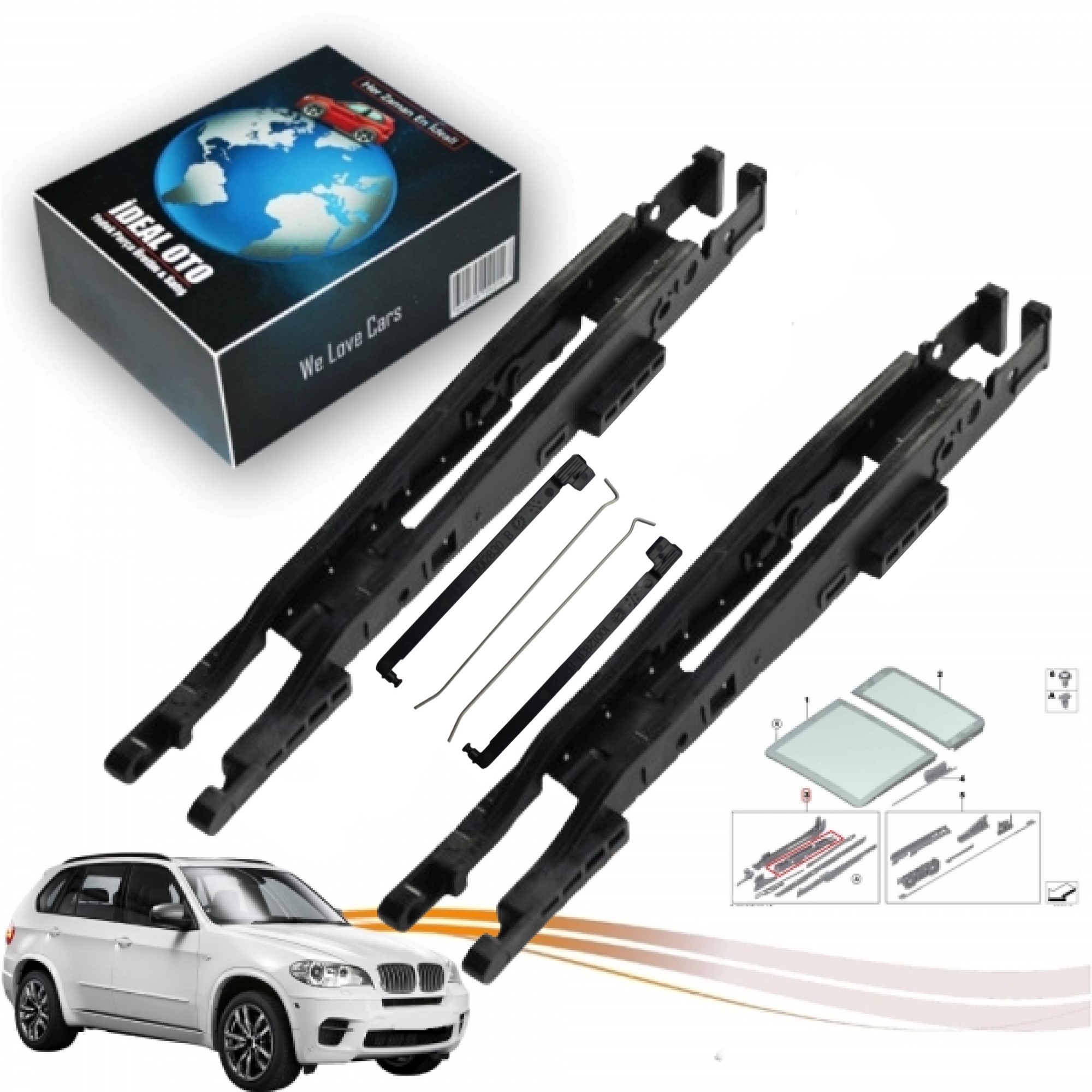 BMW X5 E70 İçin Panoramik Sunroof Sürgü Sol Sağ Kızak Parçaları 10001656, 10012830, 100012831