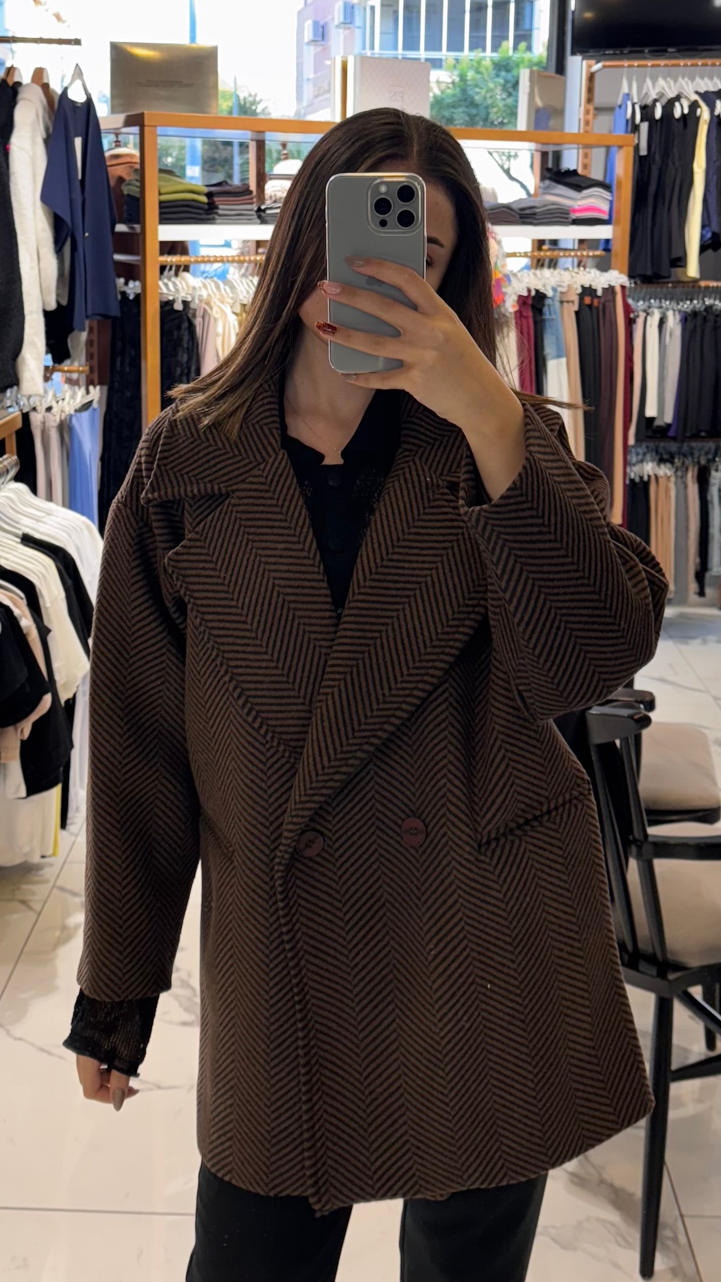 Kahve/ Siyah Kırçıl Desen Ara Boy Kaban