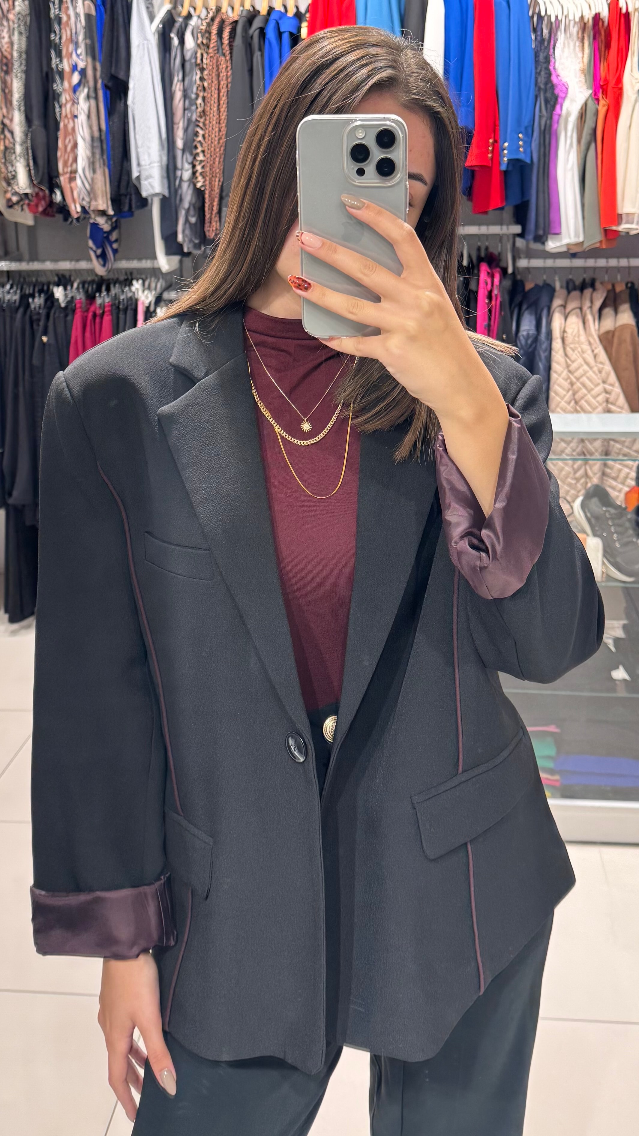 Oversize Bordo Çizgi Detaylı Blazer