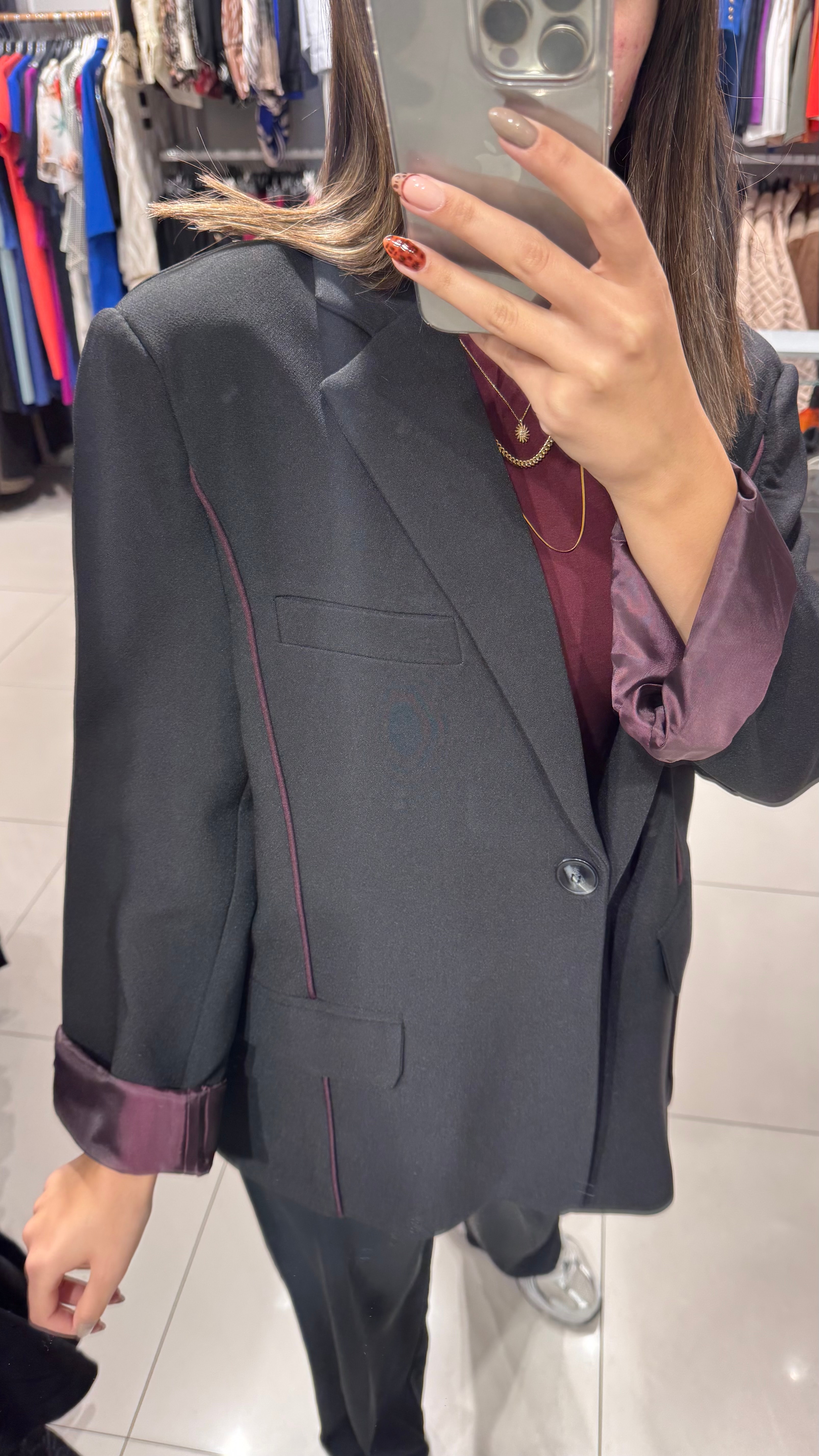 Oversize Bordo Çizgi Detaylı Blazer
