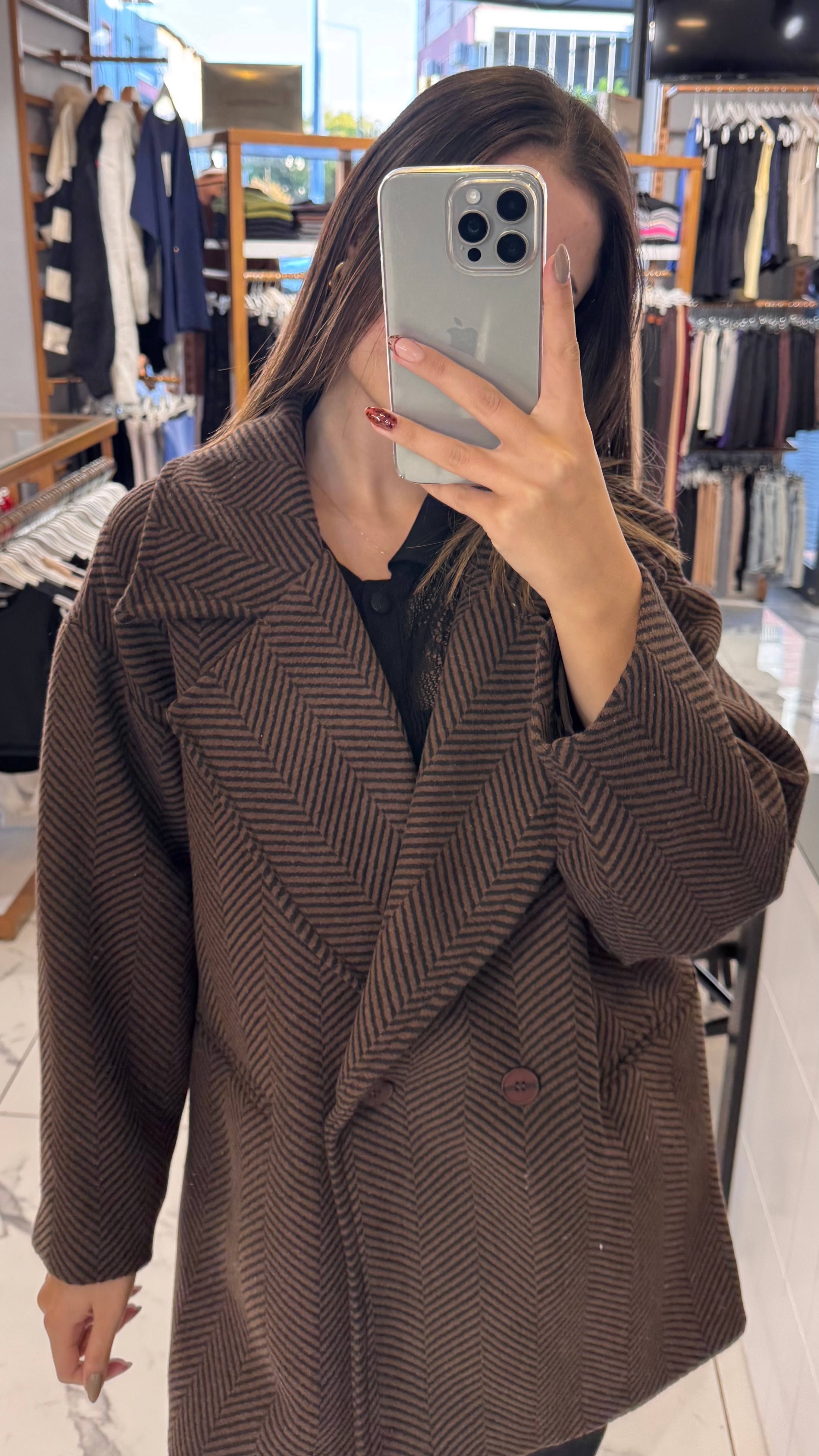 Kahve/ Siyah Kırçıl Desen Ara Boy Kaban