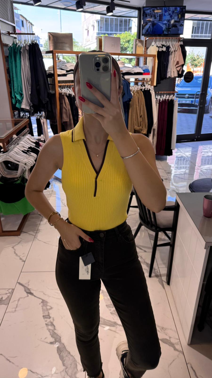 V POLO YAKA FİTİLLİ KONTRAST TRİKO BLUZ