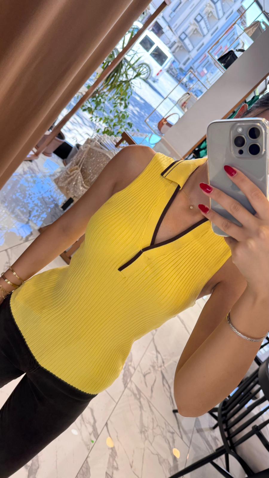 V POLO YAKA FİTİLLİ KONTRAST TRİKO BLUZ