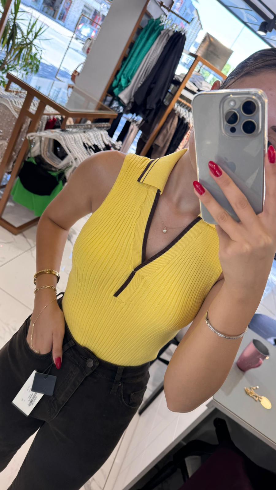 V POLO YAKA FİTİLLİ KONTRAST TRİKO BLUZ