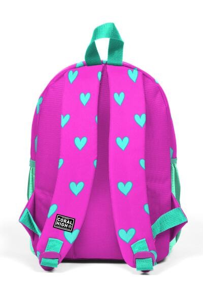 Minik Yuva Sırt Çantası Neon Pembe Su Yeşili Kalp Desenli İki Bölmeli
