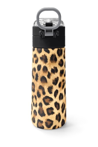 Coral High Kids Kahverengi Leopar Desenli Pipetli ve Direkt İçim Çelik Termos 500 ml