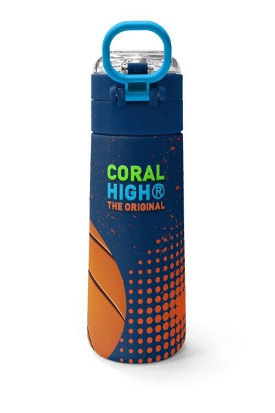 Coral High Kids Turuncu Lacivert Basketbol Desenli Pipetli ve Direkt İçim Çelik Termos 500 ml