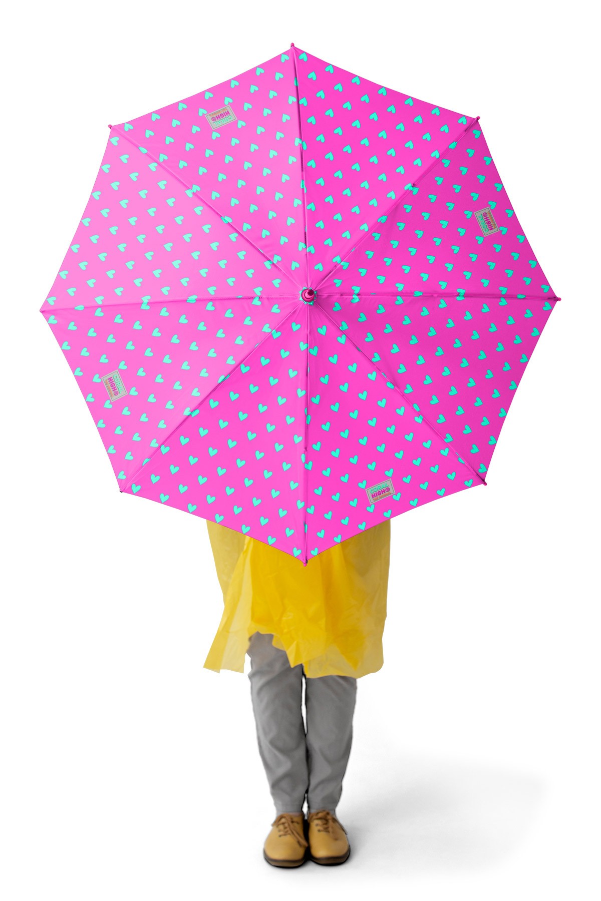Coral High Kids Neon Pembe Su Yeşili Kalp Desenli Çocuk Şemsiyesi