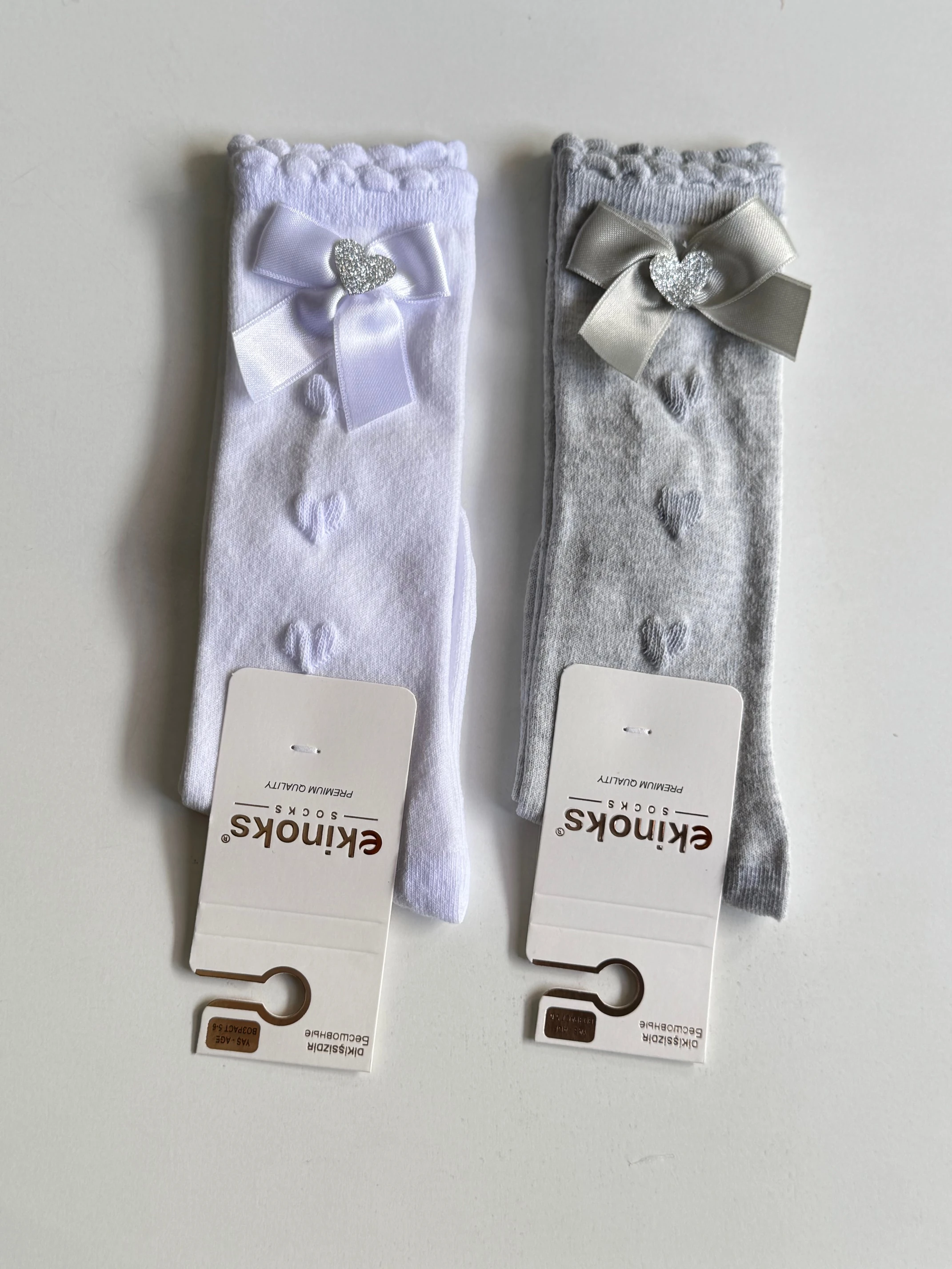 Fiyonklu İkili Çorap - Beyaz / Gri