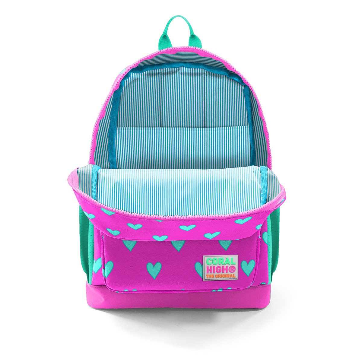 Coral High Kids Neon Pembe Su Yeşili Kalp Desenli 3’lü Okul Çanta Seti