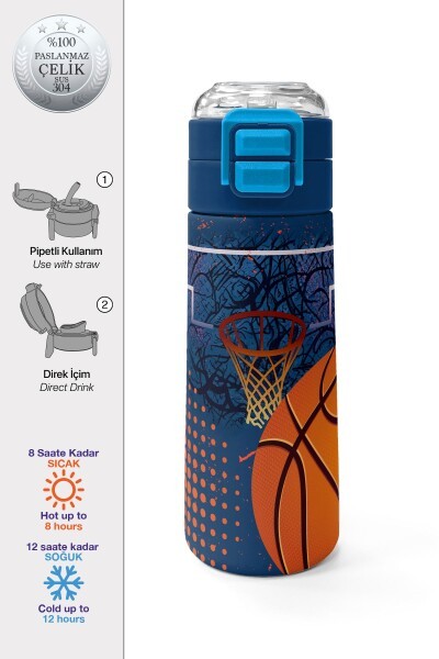 Coral High Kids Turuncu Lacivert Basketbol Desenli Pipetli ve Direkt İçim Çelik Termos 500 ml