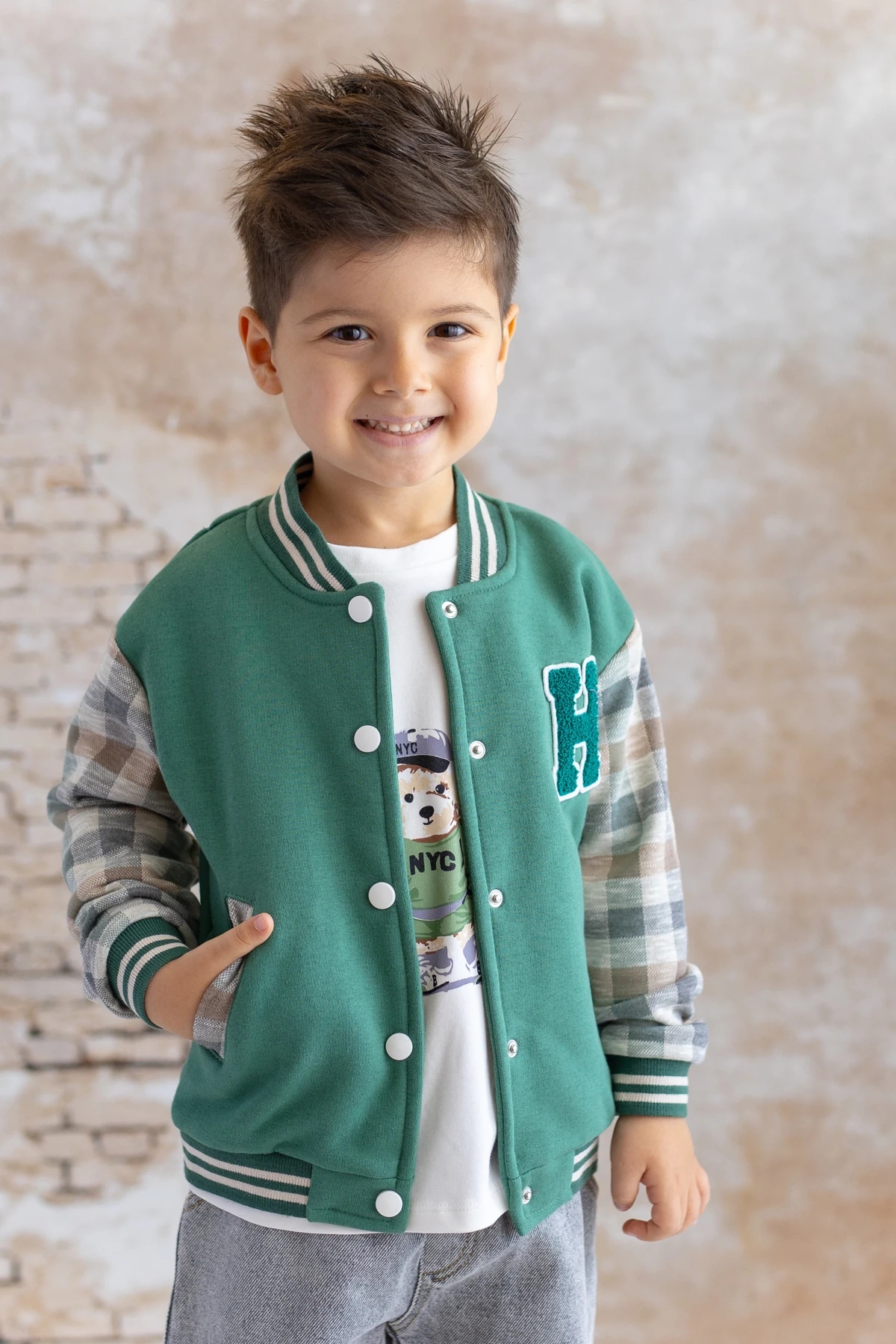 Erkek Bebek Nakış Detaylı Ekose Garnili Bomber Ceket