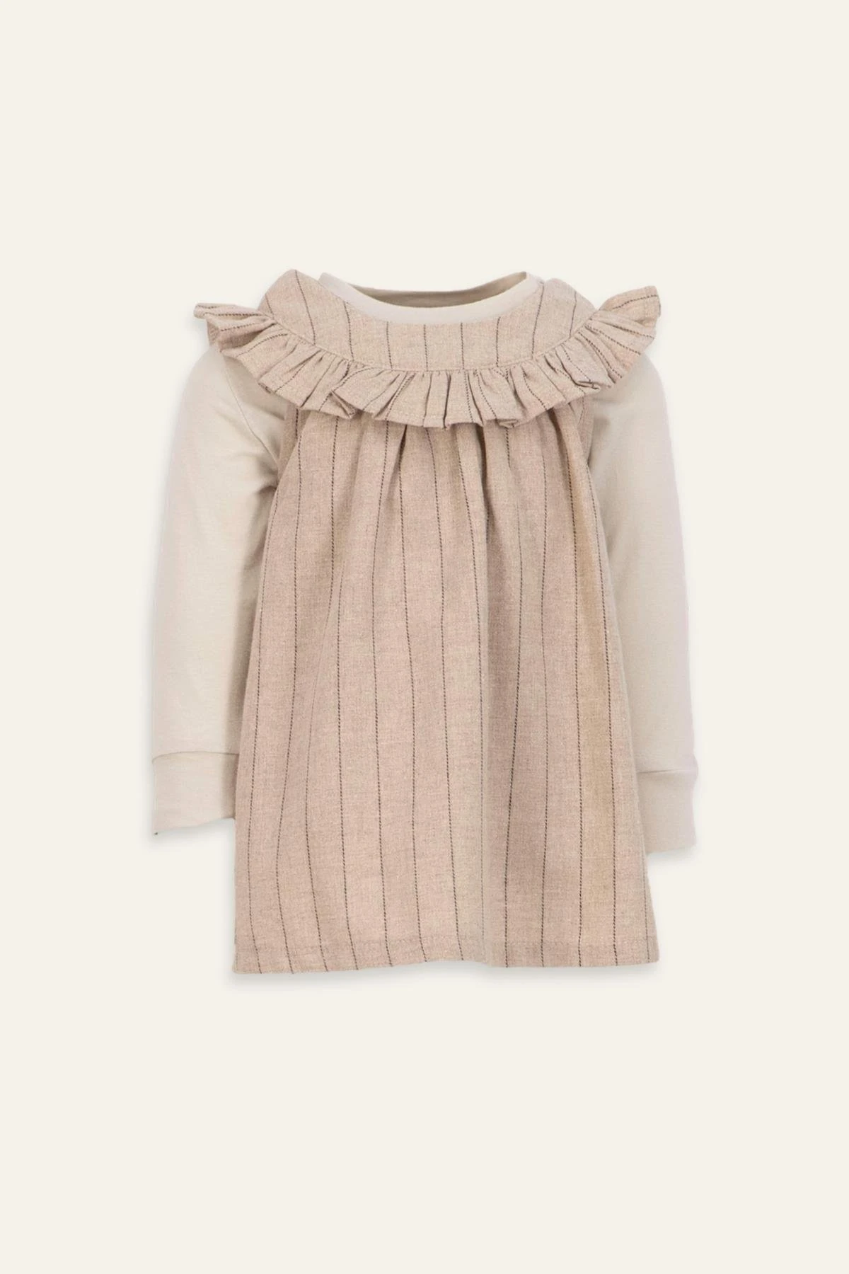 Kız Bebek Yakası Fırfırlı Elbise ve Bluz Takım  - Bej