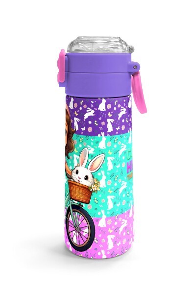 Coral High Kids Mor Pembe Bisikletli Kız Desenli Pipetli ve Direkt İçim Çelik Termos 500 ml