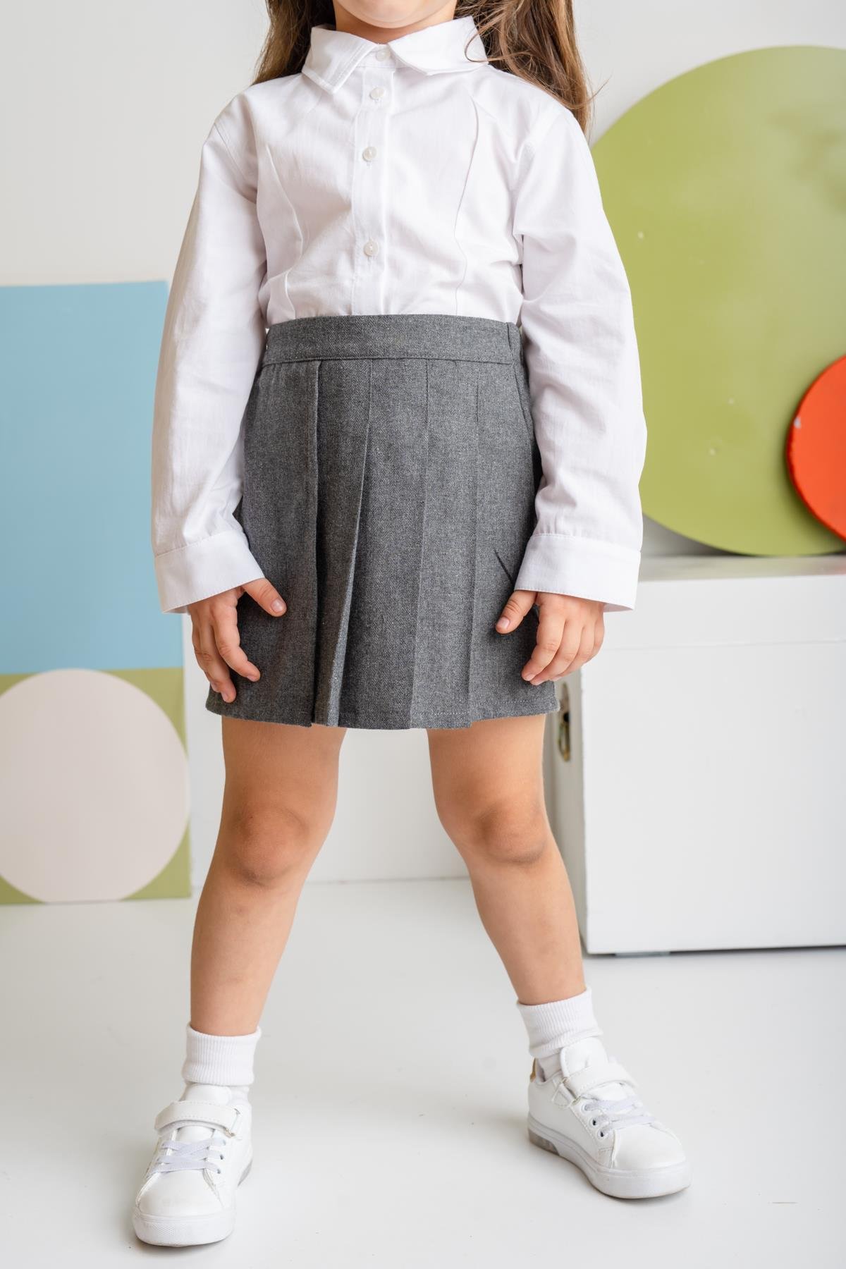 Kız Çocuk İnce Kaşe Pileli Etek 