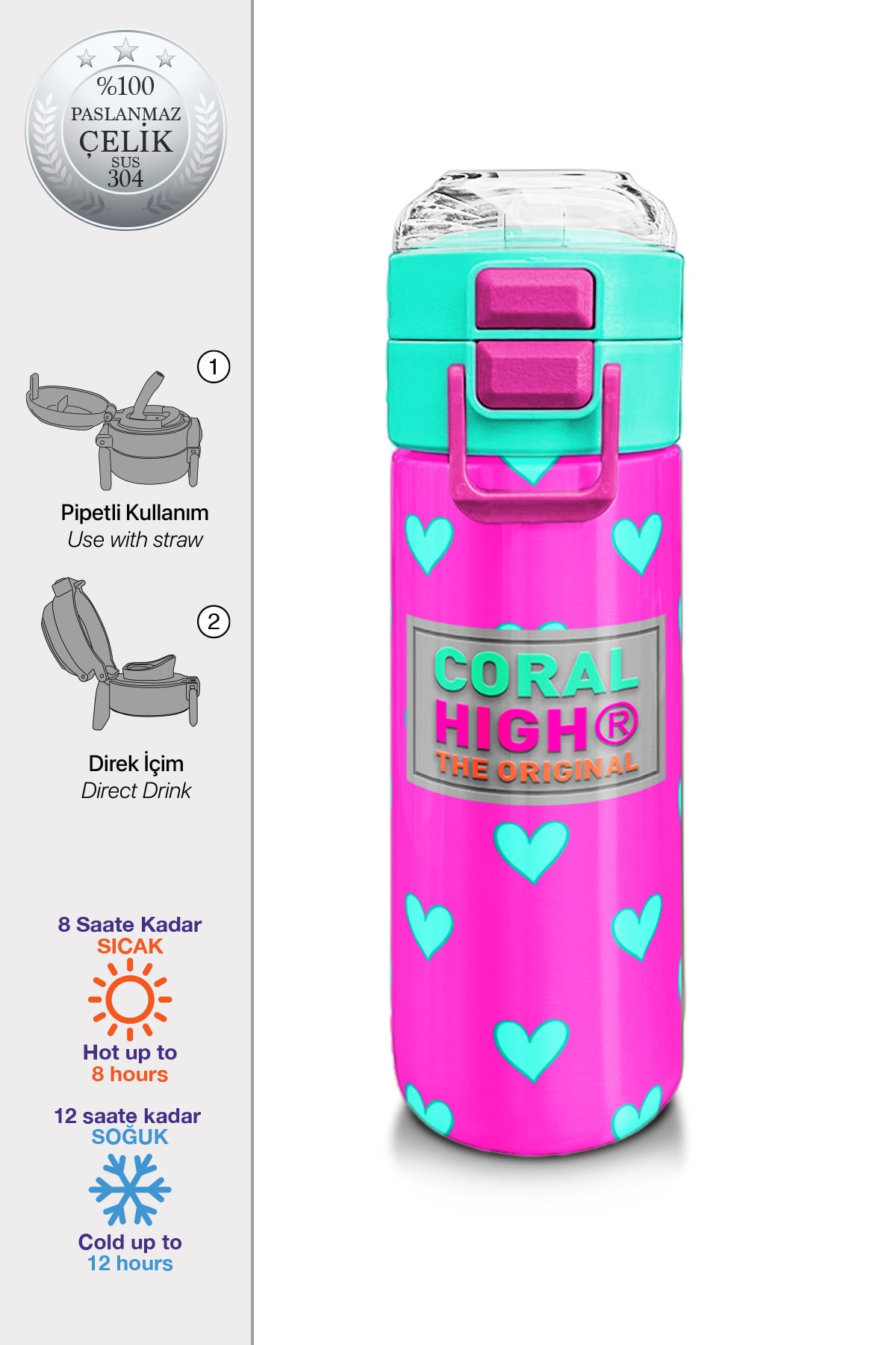 Coral High Kids Neon Pembe Su Yeşili Kalp Desenli Pipetli ve Direkt İçim Çelik Termos 500 ml 