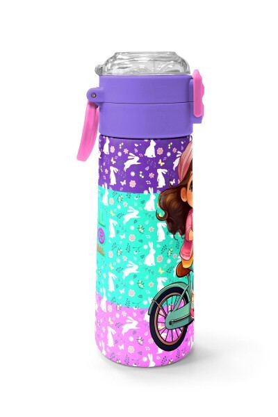 Coral High Kids Mor Pembe Bisikletli Kız Desenli Pipetli ve Direkt İçim Çelik Termos 500 ml