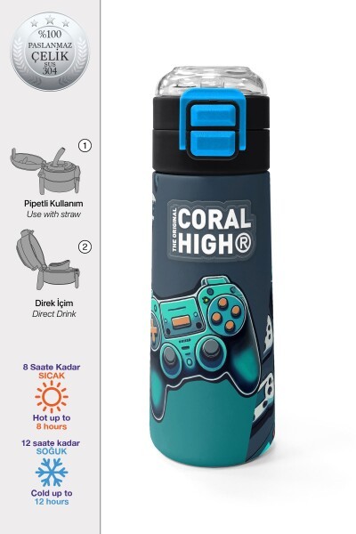 Coral High Kids Nefti Gamer Desenli Pipetli ve Direkt İçim Çelik Termos 500 ml