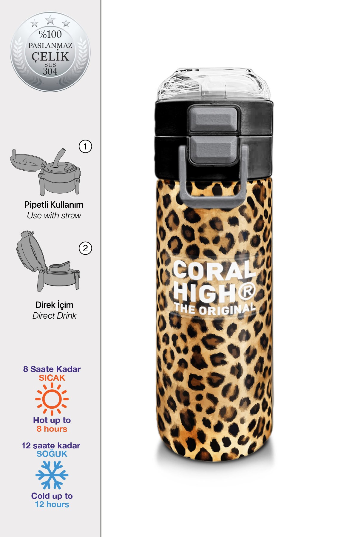 Coral High Kids Kahverengi Leopar Desenli Pipetli ve Direkt İçim Çelik Termos 500 ml