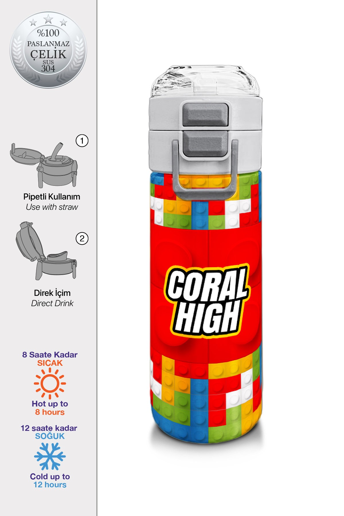 Coral High Kids Blok Desenli Pipetli ve Direkt İçim Çelik Termos 500 m