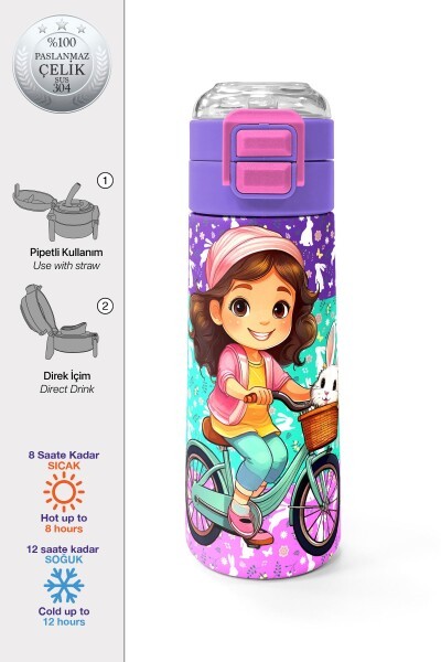 Coral High Kids Mor Pembe Bisikletli Kız Desenli Pipetli ve Direkt İçim Çelik Termos 500 ml