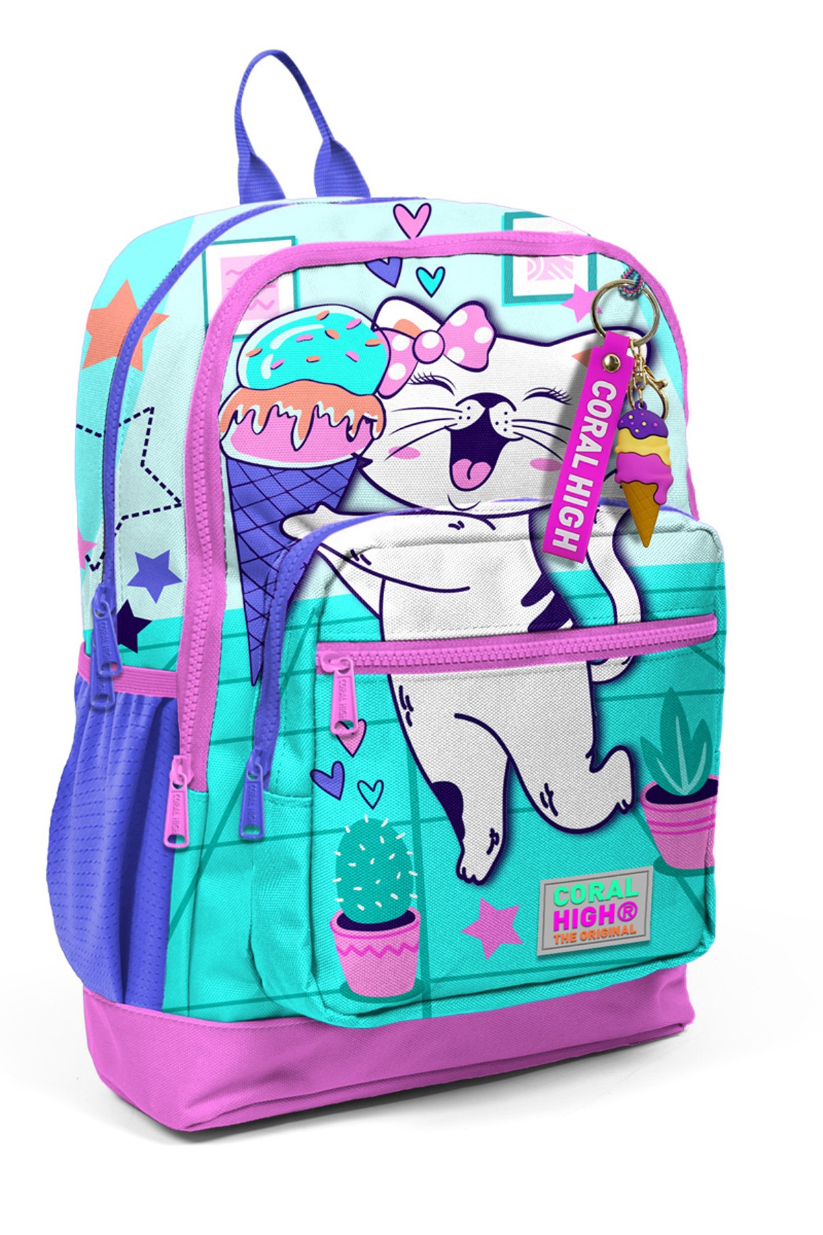 Coral High Kids Turkuaz Pembe Dondurmalı Kedi Desenli 3’lü Okul Çanta Seti