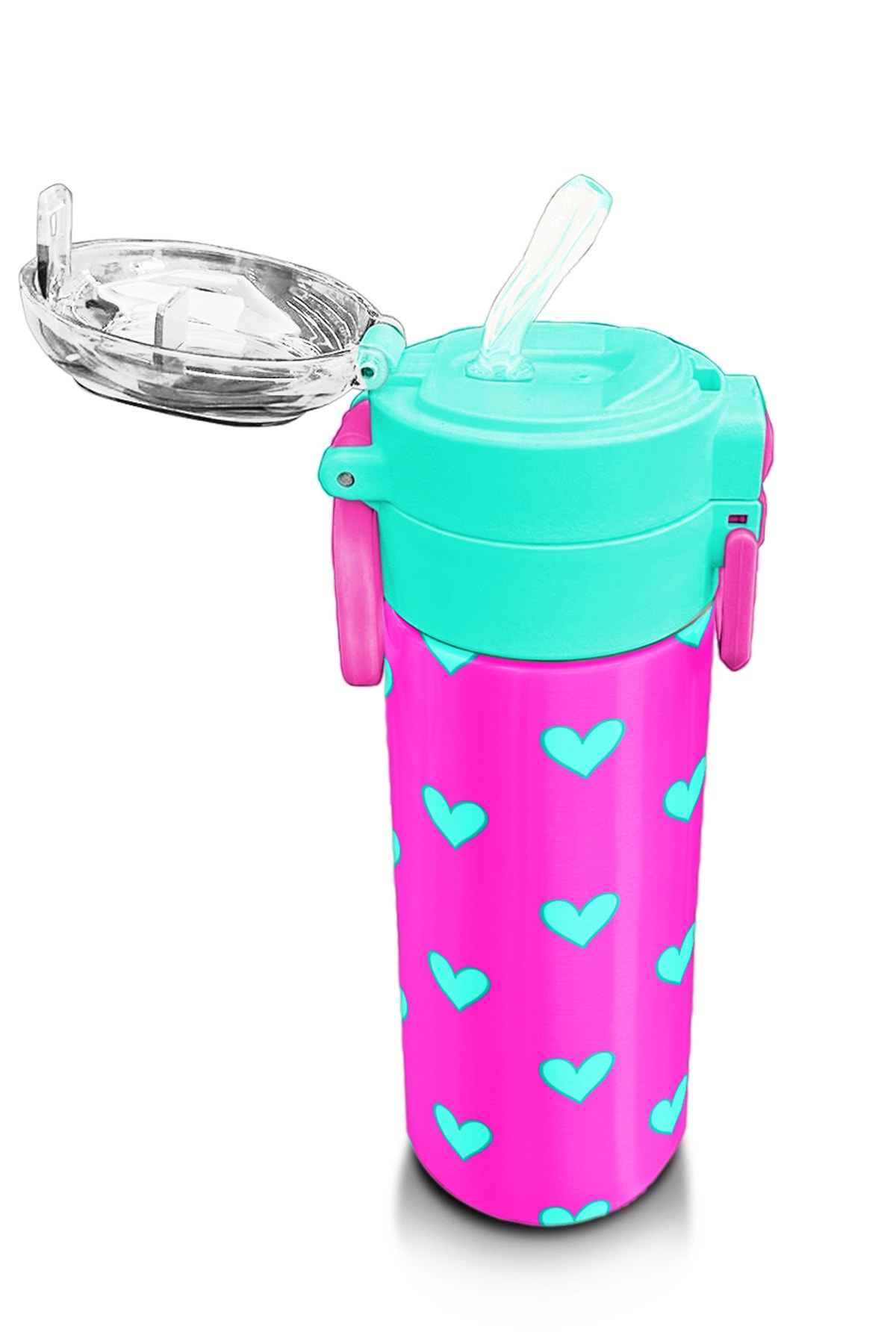 Coral High Kids Neon Pembe Su Yeşili Kalp Desenli Pipetli ve Direkt İçim Çelik Termos 500 ml 