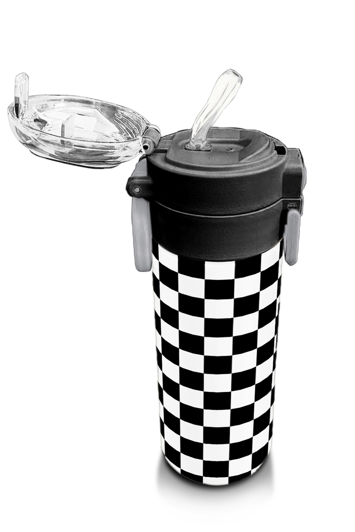 Coral High Kids Siyah Beyaz Dama Desenli Pipetli ve Direkt İçim Çelik Termos 500 ml
