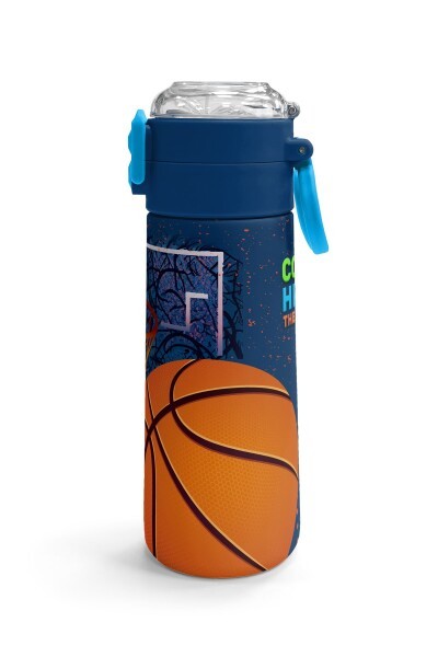 Coral High Kids Turuncu Lacivert Basketbol Desenli Pipetli ve Direkt İçim Çelik Termos 500 ml