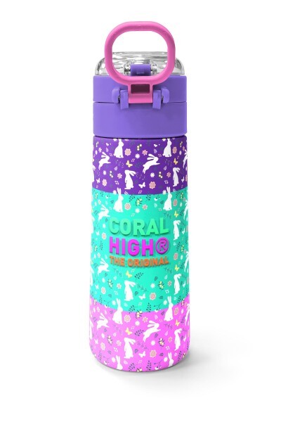 Coral High Kids Mor Pembe Bisikletli Kız Desenli Pipetli ve Direkt İçim Çelik Termos 500 ml