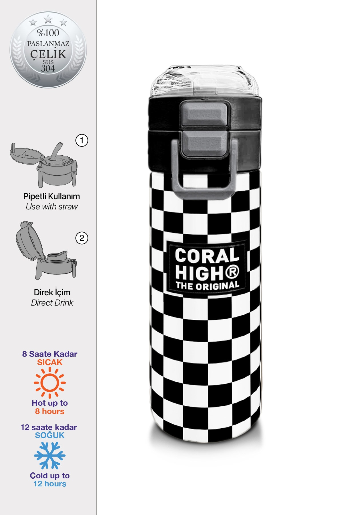 Coral High Kids Siyah Beyaz Dama Desenli Pipetli ve Direkt İçim Çelik Termos 500 ml