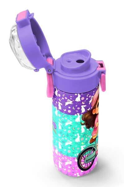 Coral High Kids Mor Pembe Bisikletli Kız Desenli Pipetli ve Direkt İçim Çelik Termos 500 ml