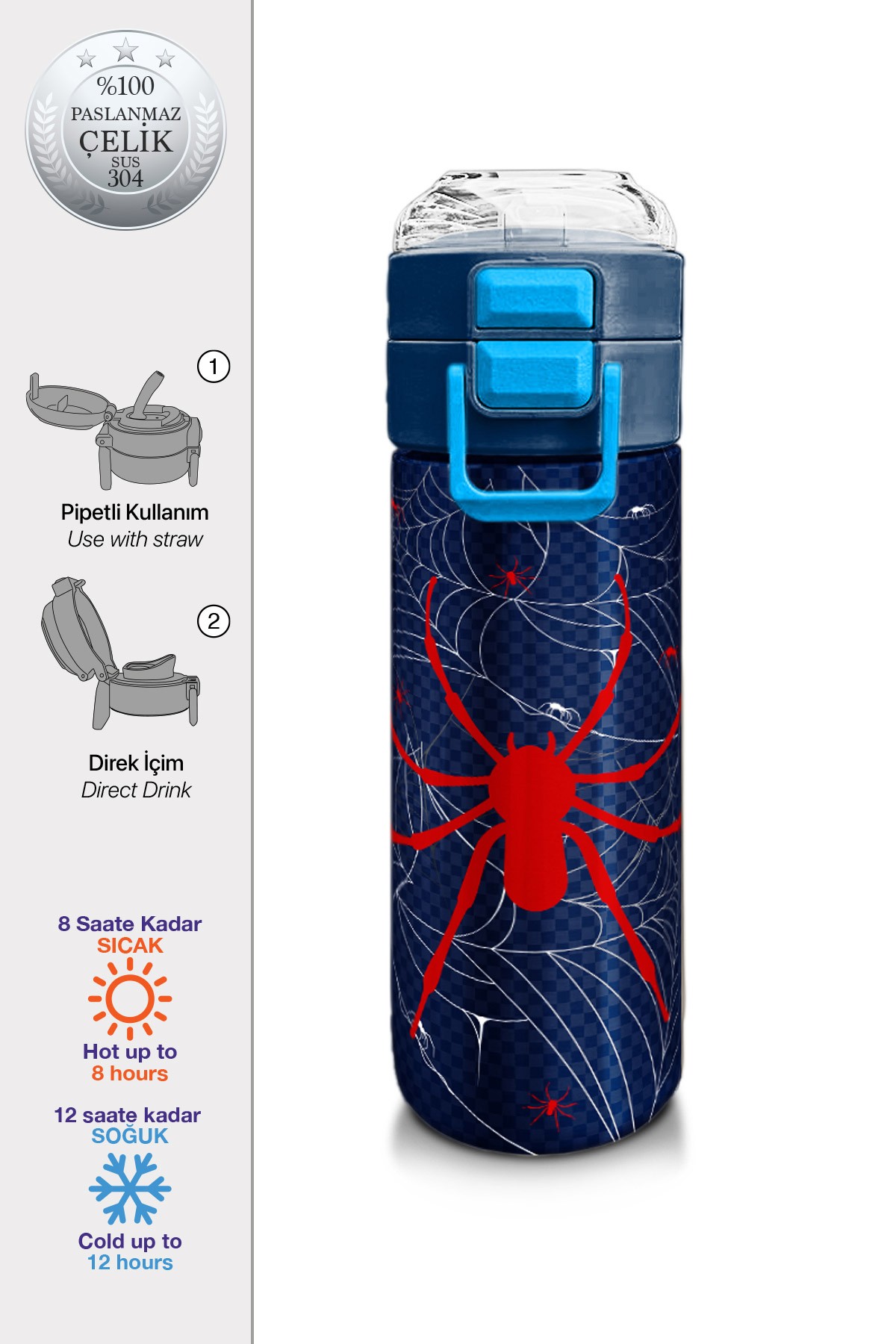 Coral High Kids Lacivert Kırmızı Örümcek Desenli Pipetli ve Direkt İçim Çelik Termos 500 ml
