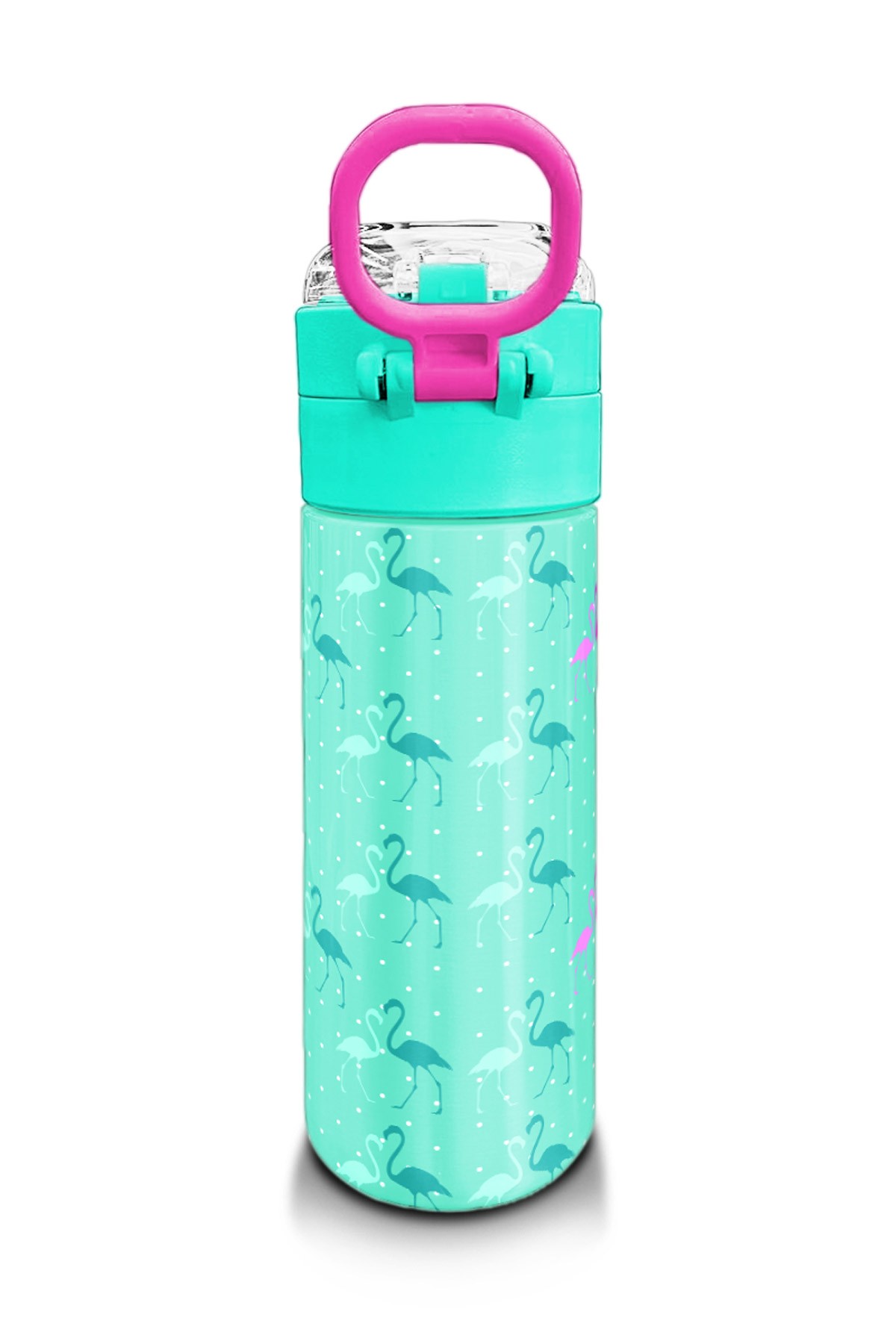 Coral High Kids Su Yeşili Neon Pembe Flamingo Desenli Pipetli ve Direkt İçim Çelik Termos 500 ml