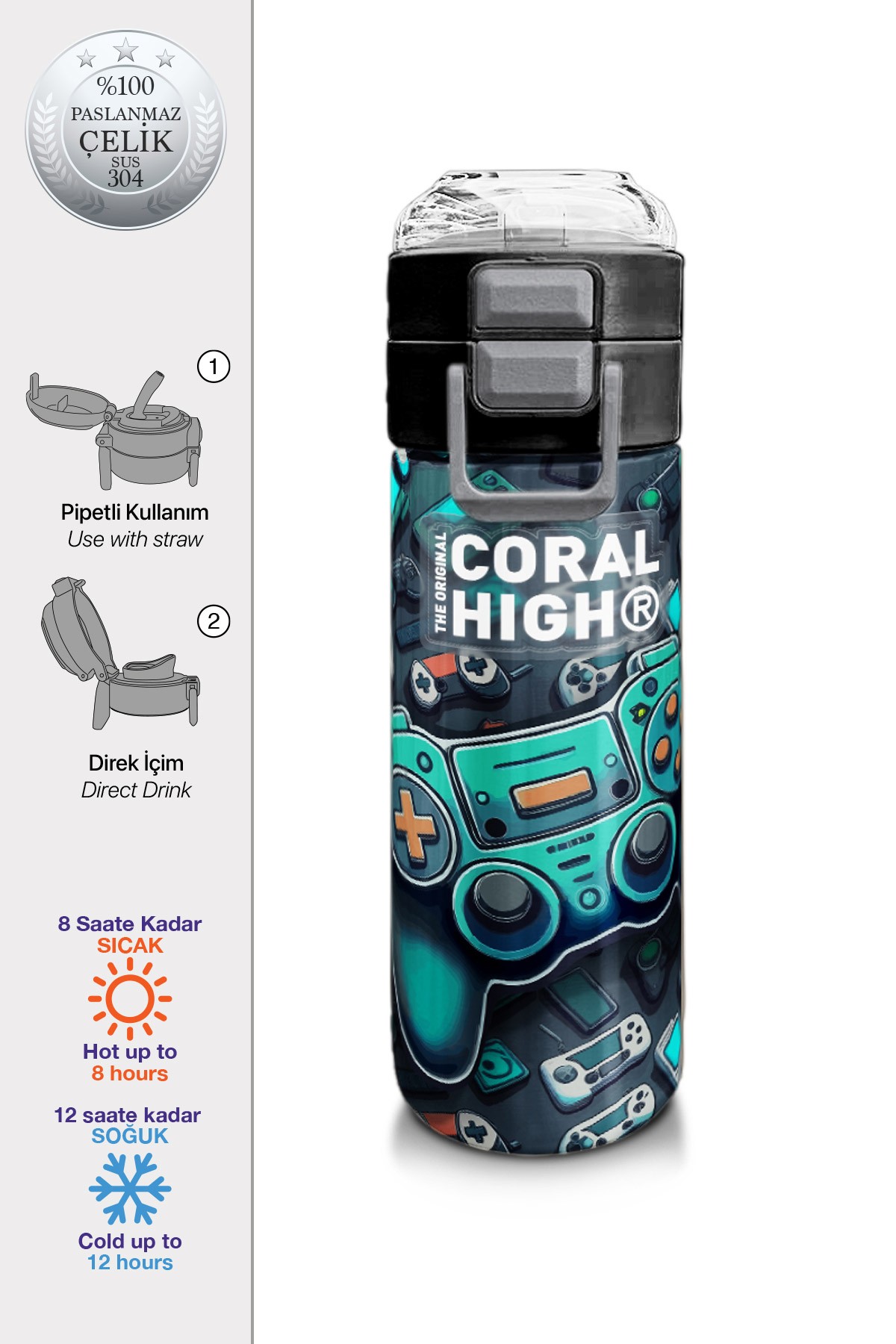 Coral High Kids Nefti Gamer Desenli Pipetli ve Direkt İçim Çelik Termos 500 ml