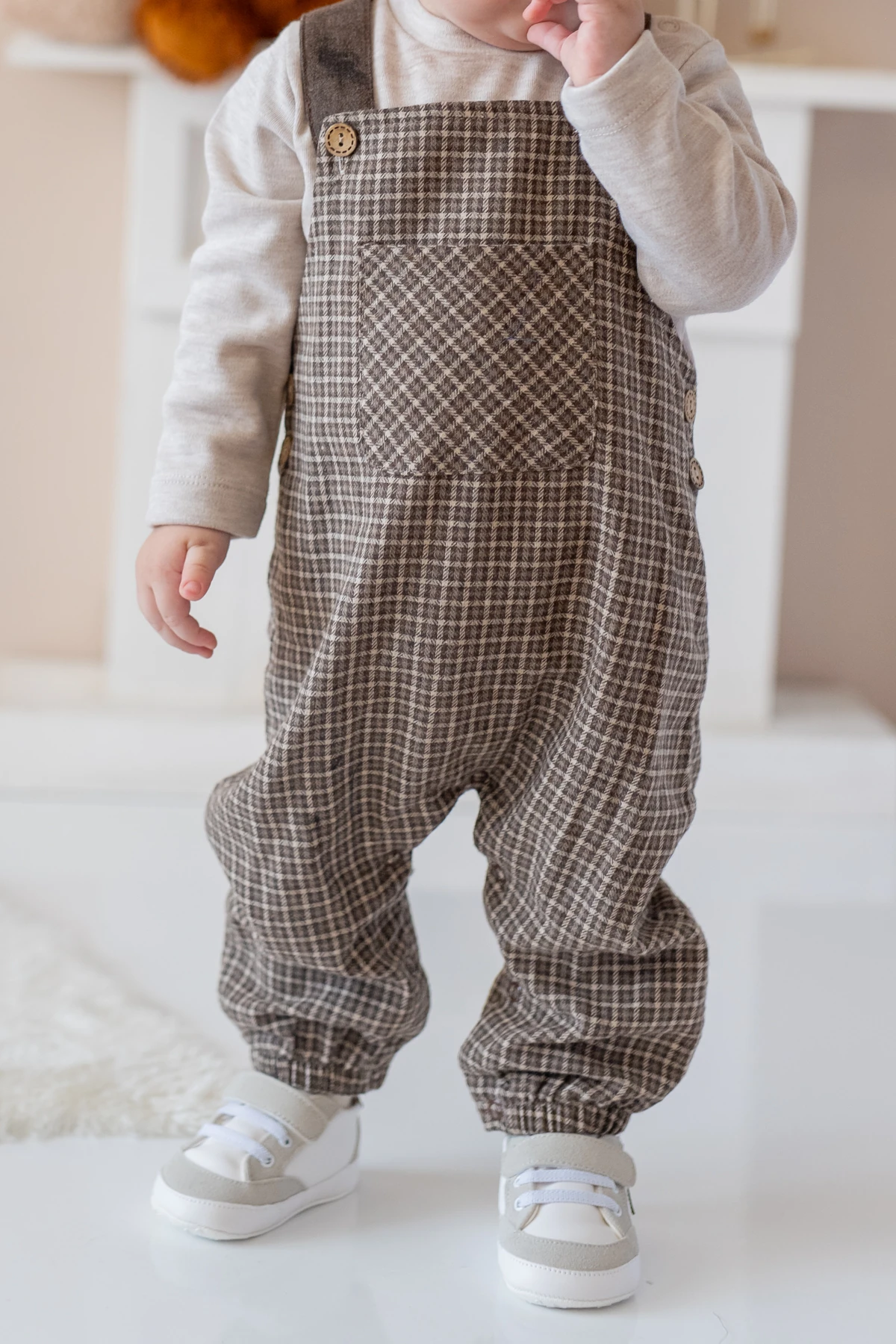 Erkek Bebek Ekose Desen Salopet ve T-shirt Takım