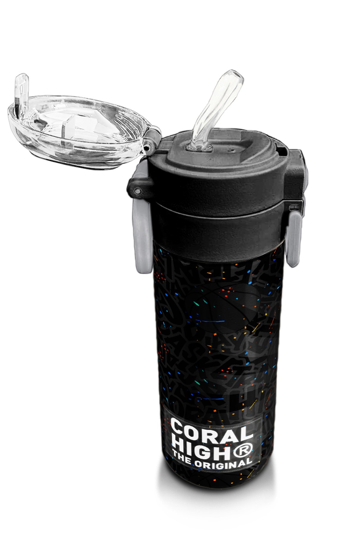 Coral High Kids Gri Basketbol Desenli Pipetli ve Direkt İçim Çelik Termos 500 ml