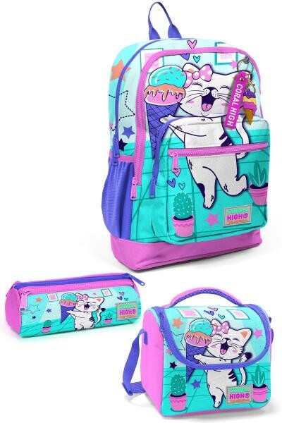 Coral High Kids Turkuaz Pembe Dondurmalı Kedi Desenli 3’lü Okul Çanta Seti