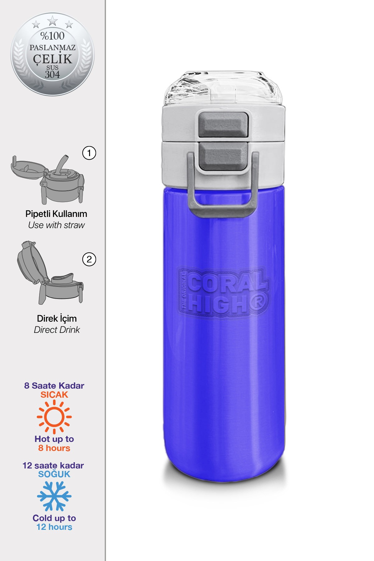 Coral High Kids Lavanta Desenli Pipetli ve Direkt İçim Çelik Termos 500 ml