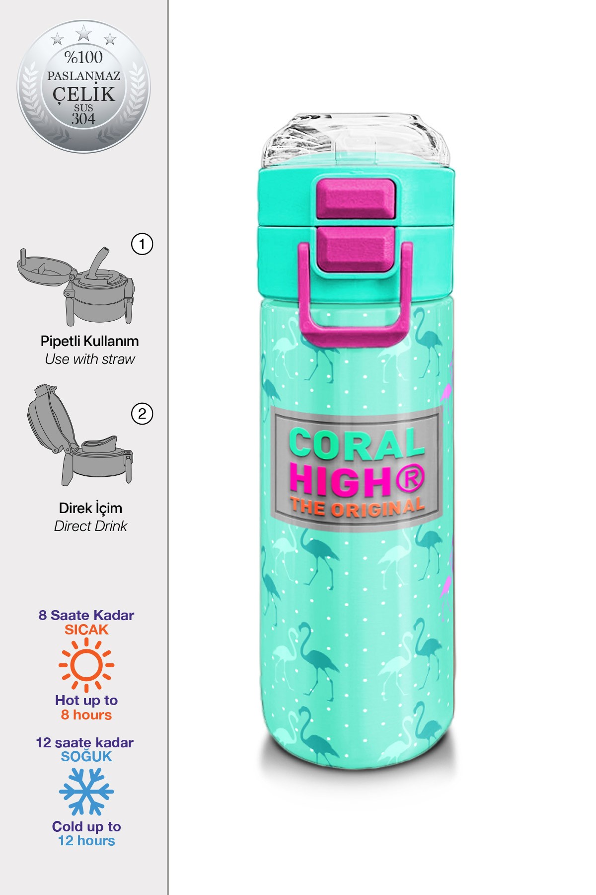 Coral High Kids Su Yeşili Neon Pembe Flamingo Desenli Pipetli ve Direkt İçim Çelik Termos 500 ml
