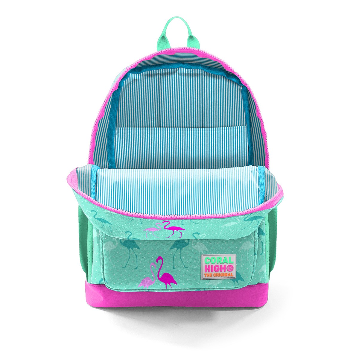 Coral High Kids Su Yeşili Neon Pembe Flamingo Desenli 3’lü Okul Çanta Seti