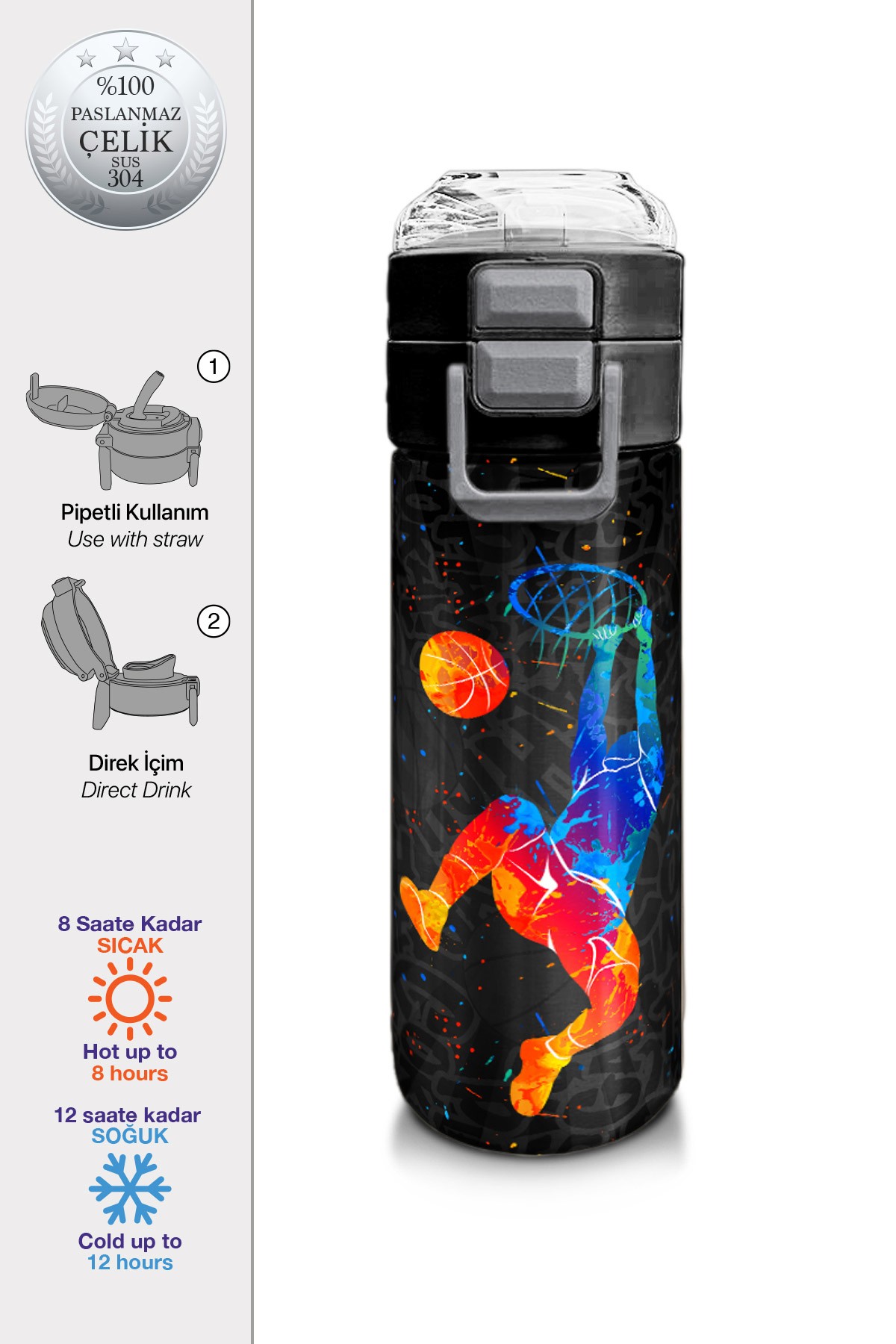 Coral High Kids Gri Basketbol Desenli Pipetli ve Direkt İçim Çelik Termos 500 ml