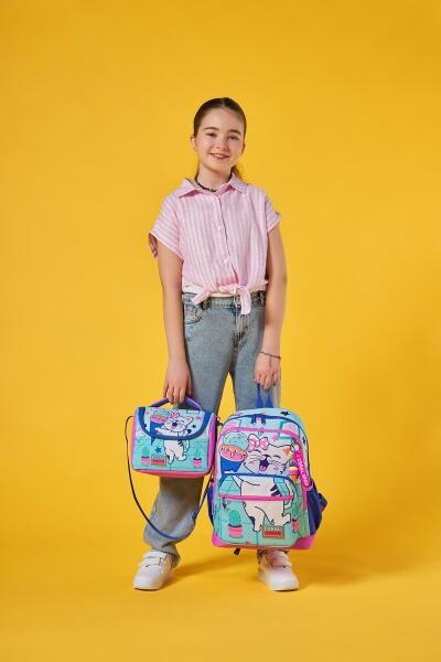 Coral High Kids Turkuaz Pembe Dondurmalı Kedi Desenli 3’lü Okul Çanta Seti