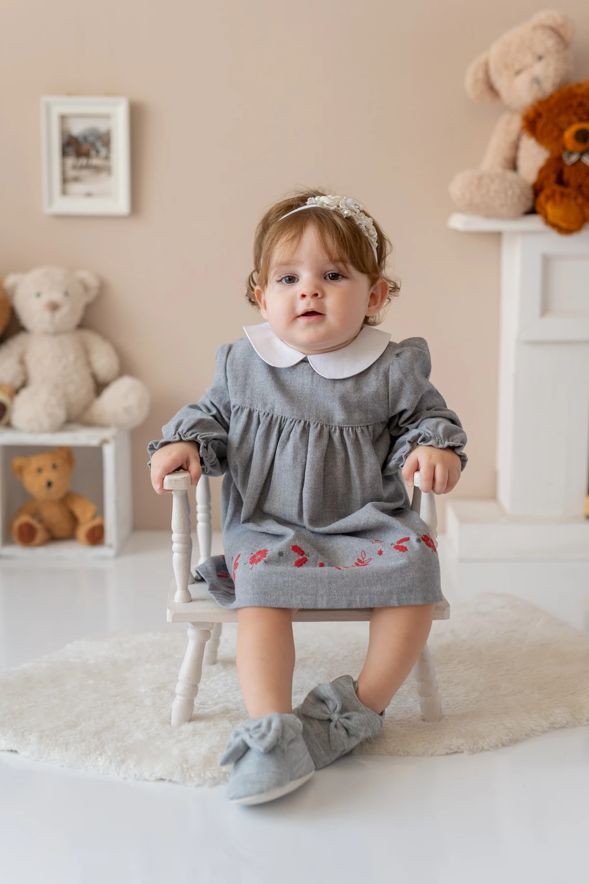 Kız Bebek Bebe Yaka Nakışlı Dokuma Elbise