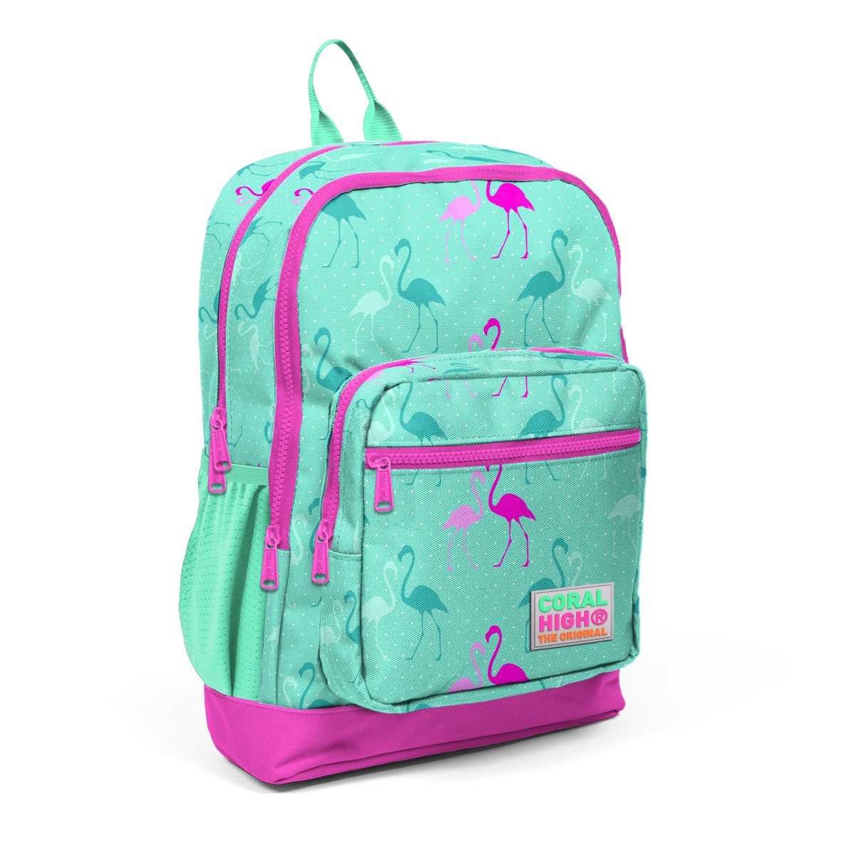 Coral High Kids Su Yeşili Neon Pembe Flamingo Desenli 3’lü Okul Çanta Seti