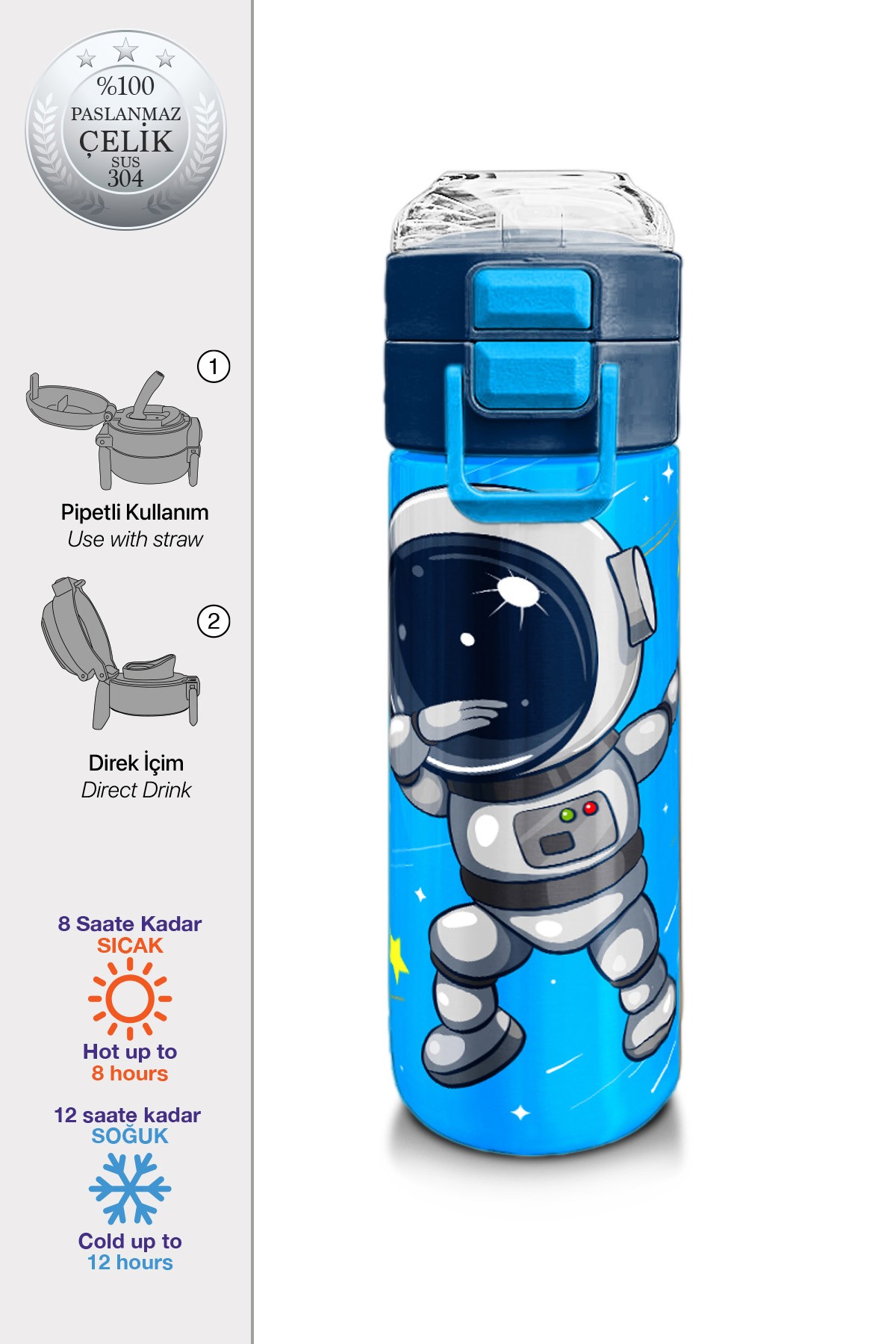 Coral High Kids Lacivert Mavi Astronot Desenli Pipetli ve Direkt İçim Çelik Termos 500 ml
