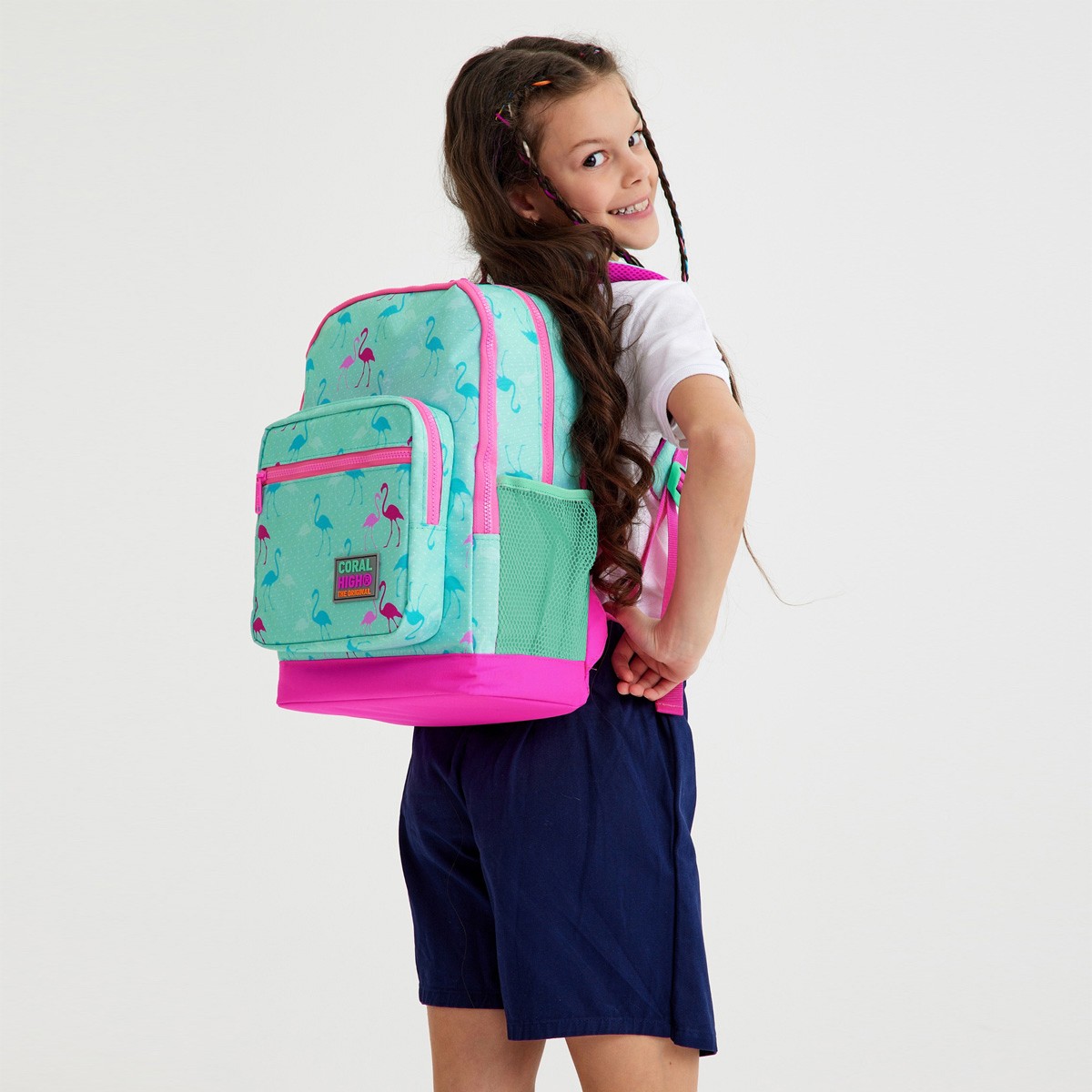 Coral High Kids Su Yeşili Neon Pembe Flamingo Desenli 3’lü Okul Çanta Seti
