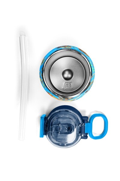 Coral High Kids Mavi Turuncu Desenli Pipetli ve Direkt İçim Çelik Termos 500 ml