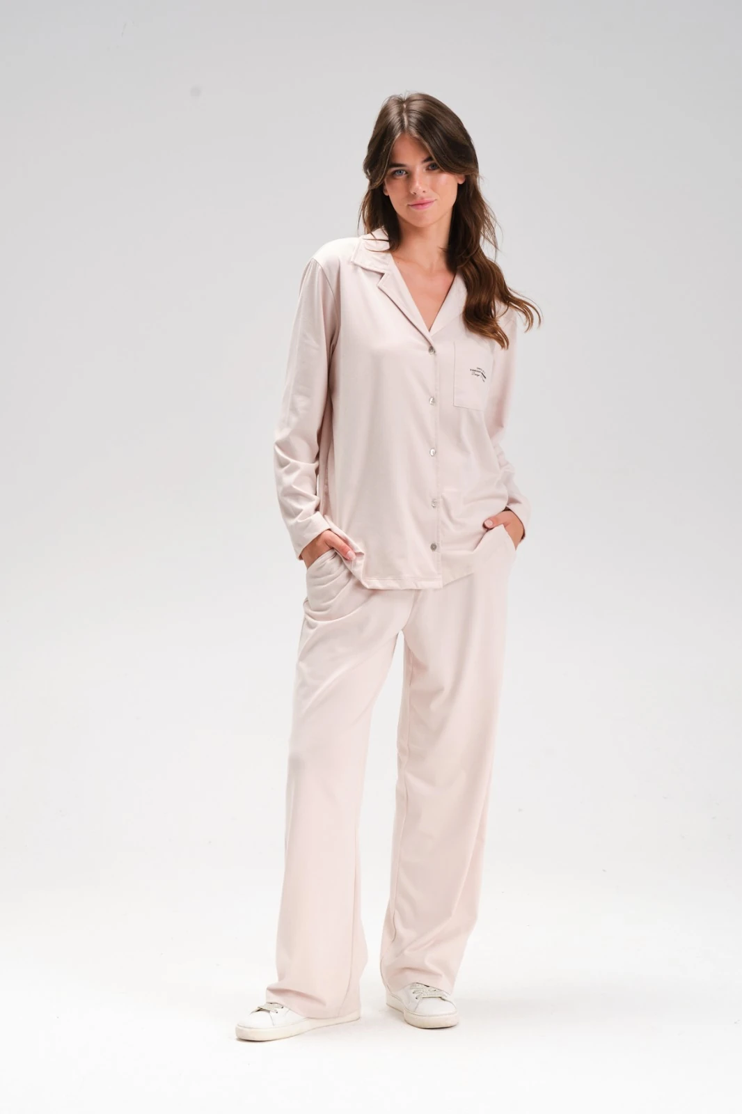  Kadın Önden Düğmeli İkili Takım - Krem